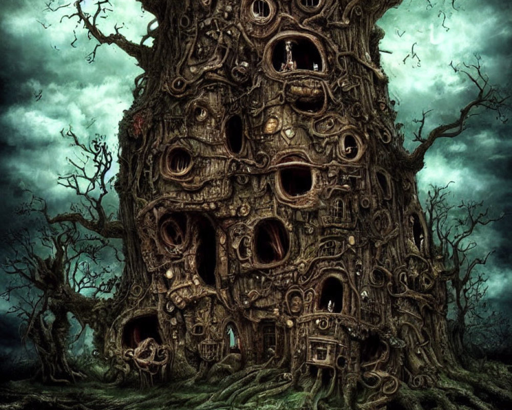 Eerie fantasy illustration of sprawling tree with eyes in dark forest