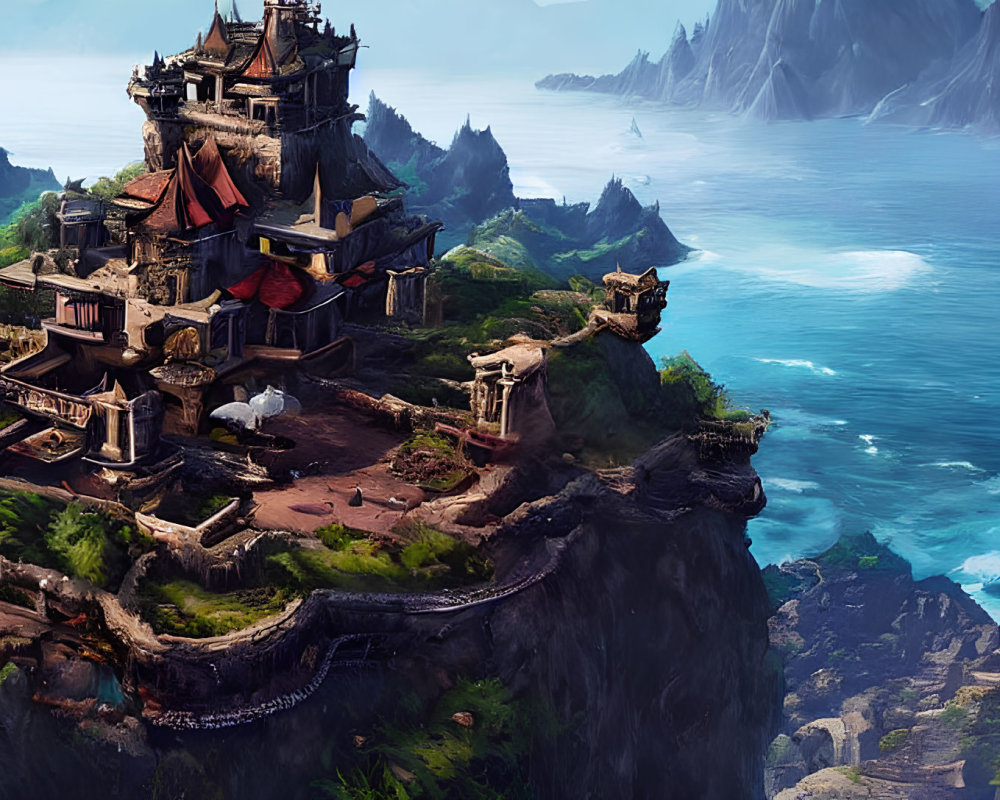 Cliffside Asian-style Temple with Red Roofs by Turquoise Sea