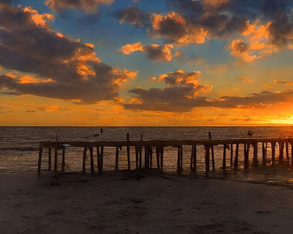 Tranquil sunset seascape with wooden pier and birds