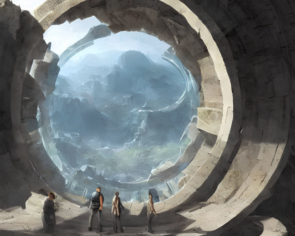 Explorers in front of ancient stone portal with misty mountain view