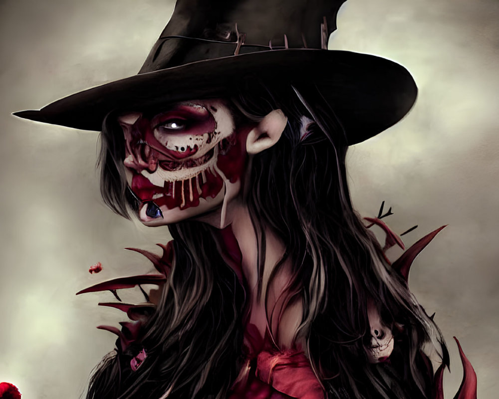 Spooky illustration of skeletal figure in witch's attire