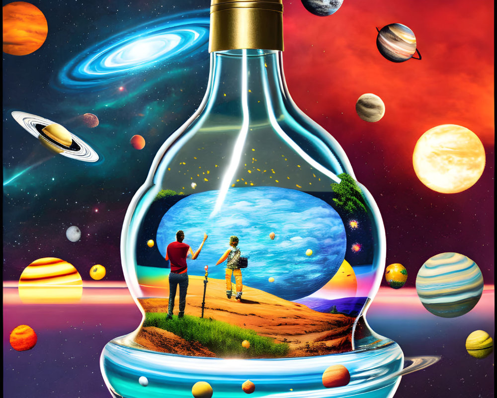 Two people on hill in bottle with vibrant cosmos and colorful planets.