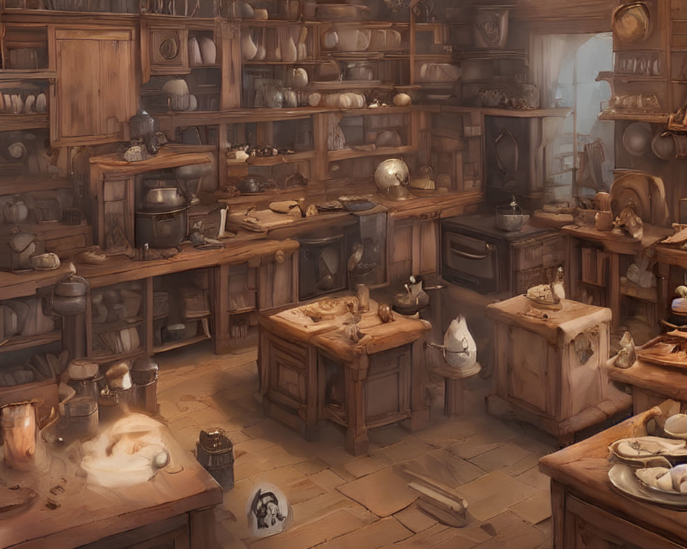 Medieval-style kitchen with wooden furniture, shelves, and cauldron