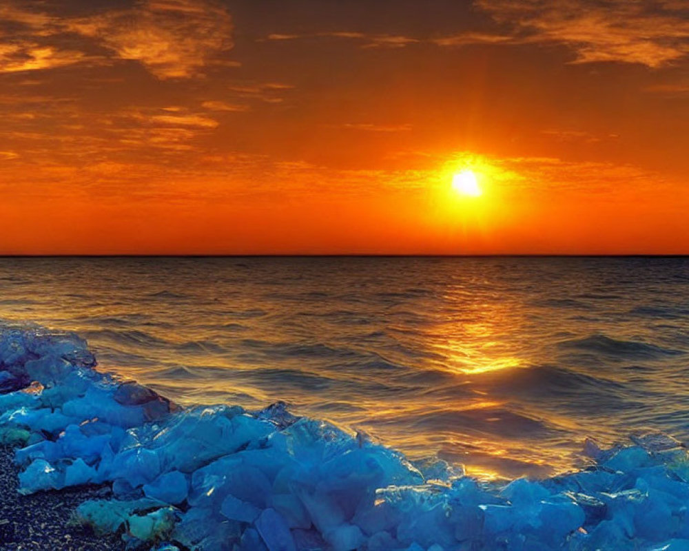 Tranquil sunset over sea with glowing sun path and icy shoreline