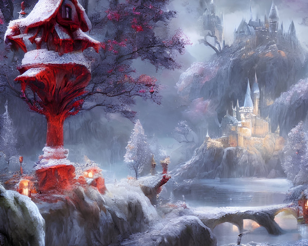 Winter Fantasy Landscape with Mushroom House, Lanterns, Snow, River, Bridge, and Castle