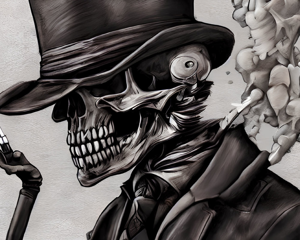 Monochrome skeletal figure in top hat with cane and smoky spectral form