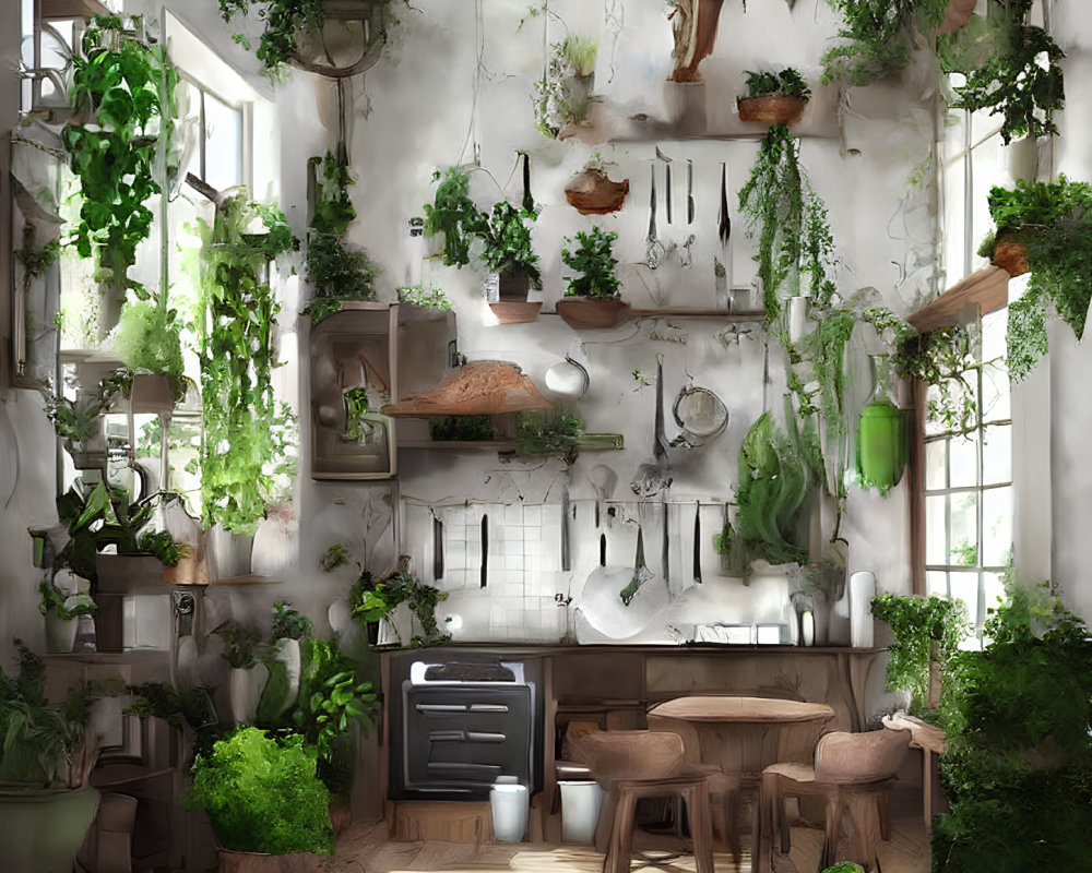 Rustic kitchen with green plants, wooden furniture, vintage utensils