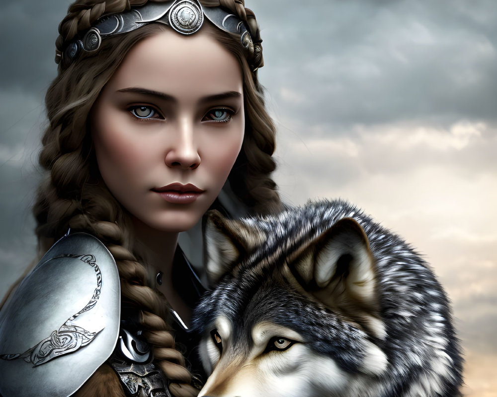 Braided hair woman in armor with wolf against cloudy sky.