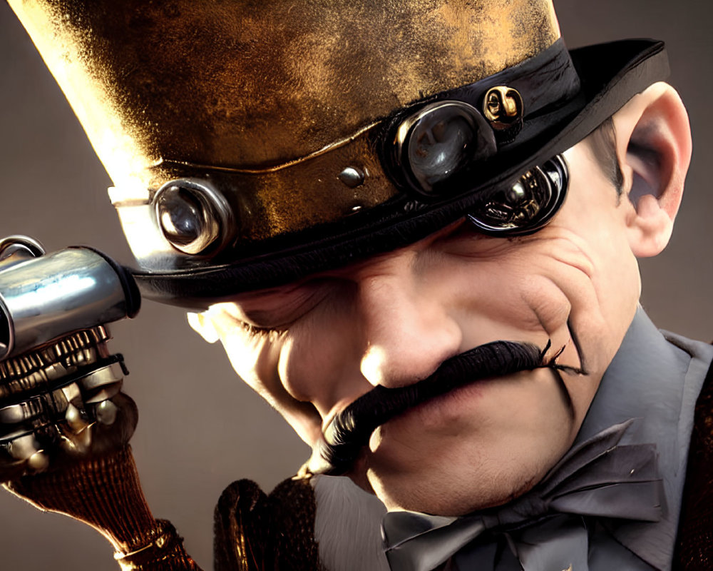 Steampunk-themed man with top hat, goggles, mustache, and futuristic gun