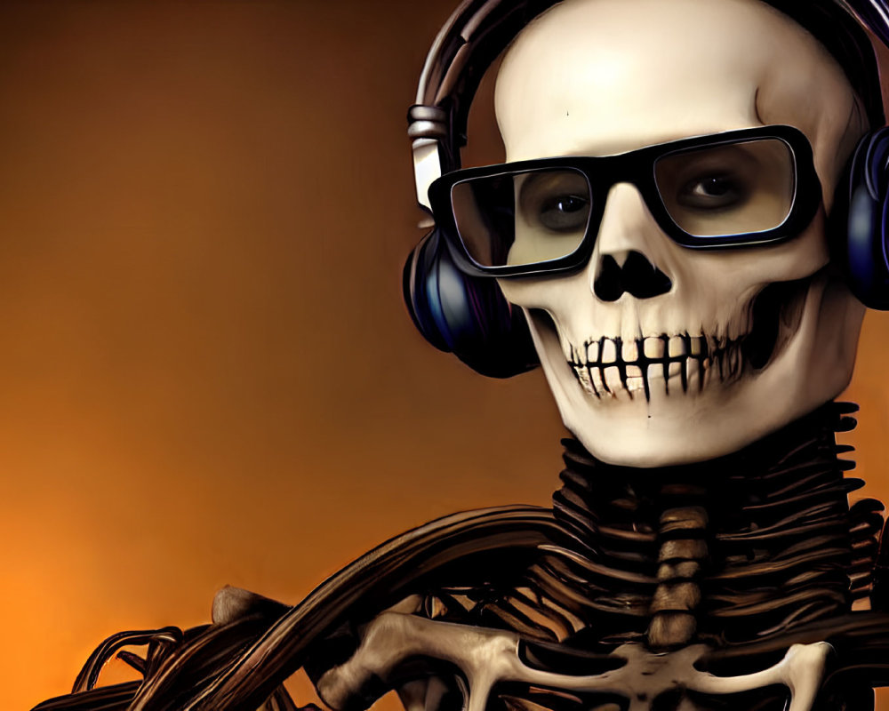 Skeleton in Sunglasses and Headphones on Warm Gradient Background