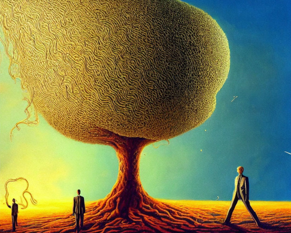 Surreal painting of three figures under labyrinthine tree