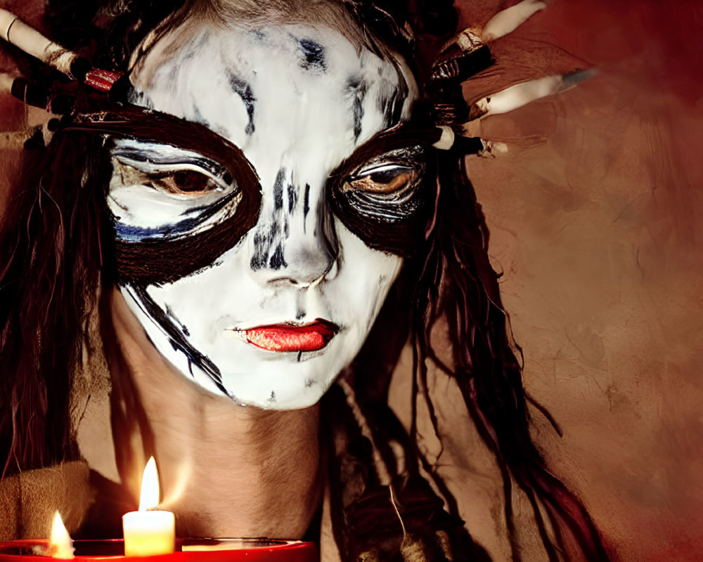 Skull-faced person with horns holding candles on smoky background