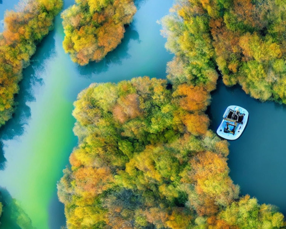 Scenic aerial view of boat on winding river amidst autumn trees