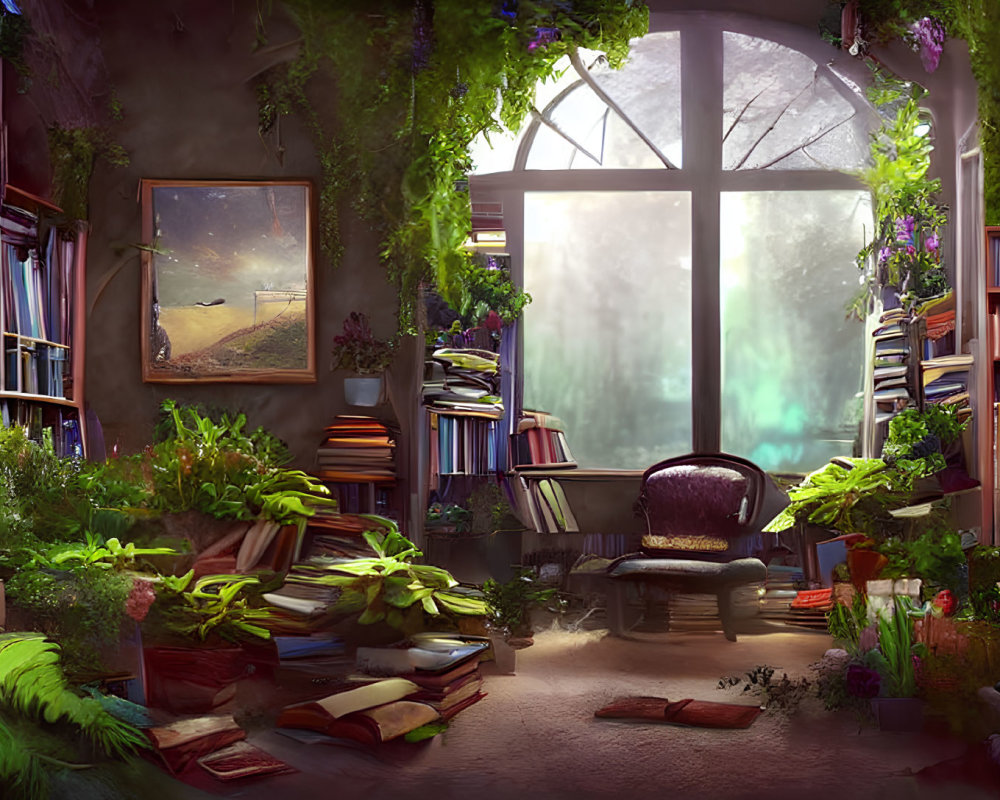 Inviting cozy library with overflowing bookshelves, plants, and armchair