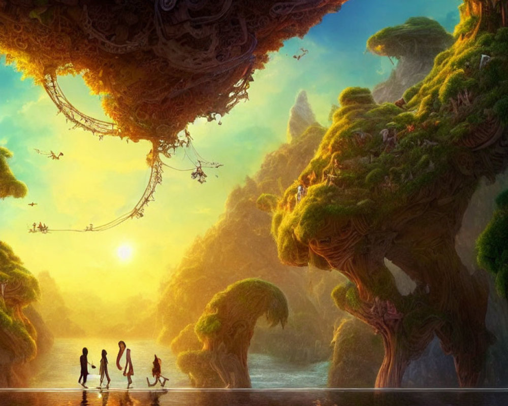 Fantastical landscape with reflective surface, lush greenery, floating islands, unusual trees, warm sun