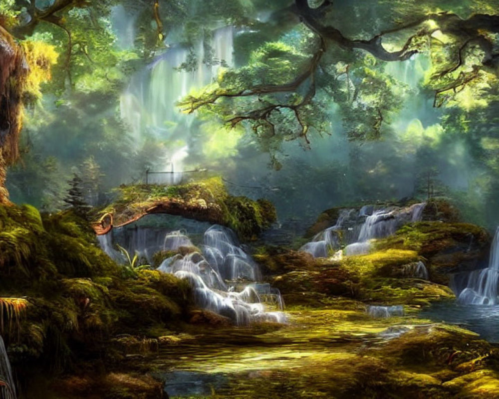 Serene forest scene with waterfalls, mossy rocks, sunlight, and ancient tree