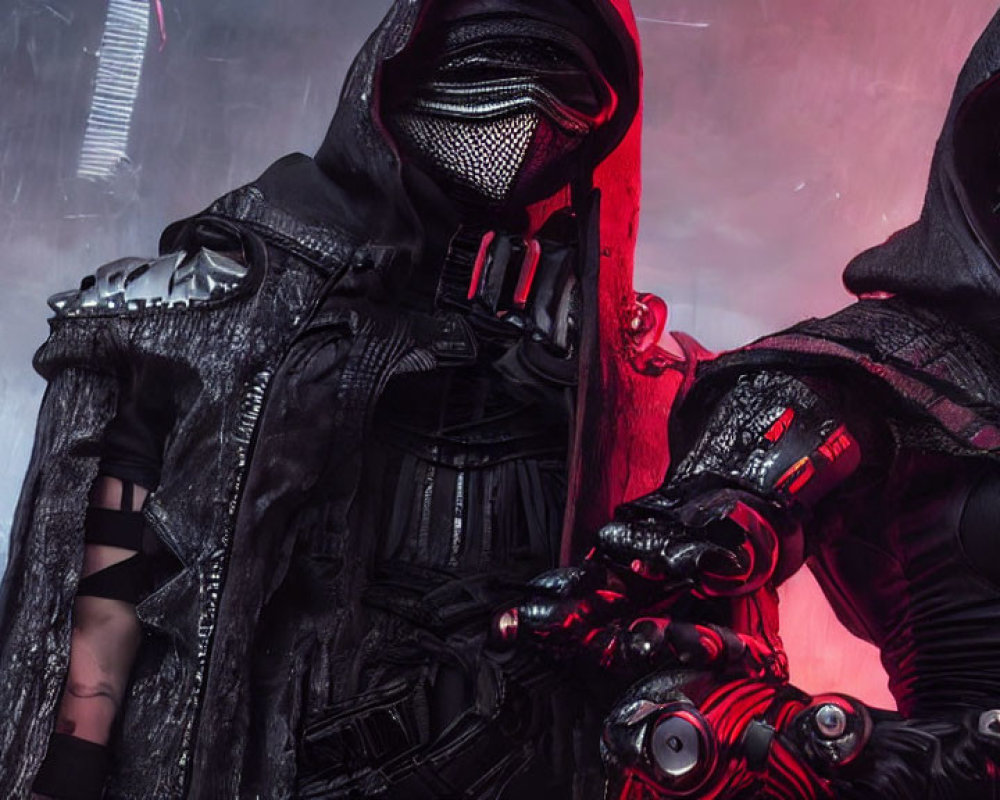 Futuristic individuals in black and red armor with helmet, cityscape backdrop