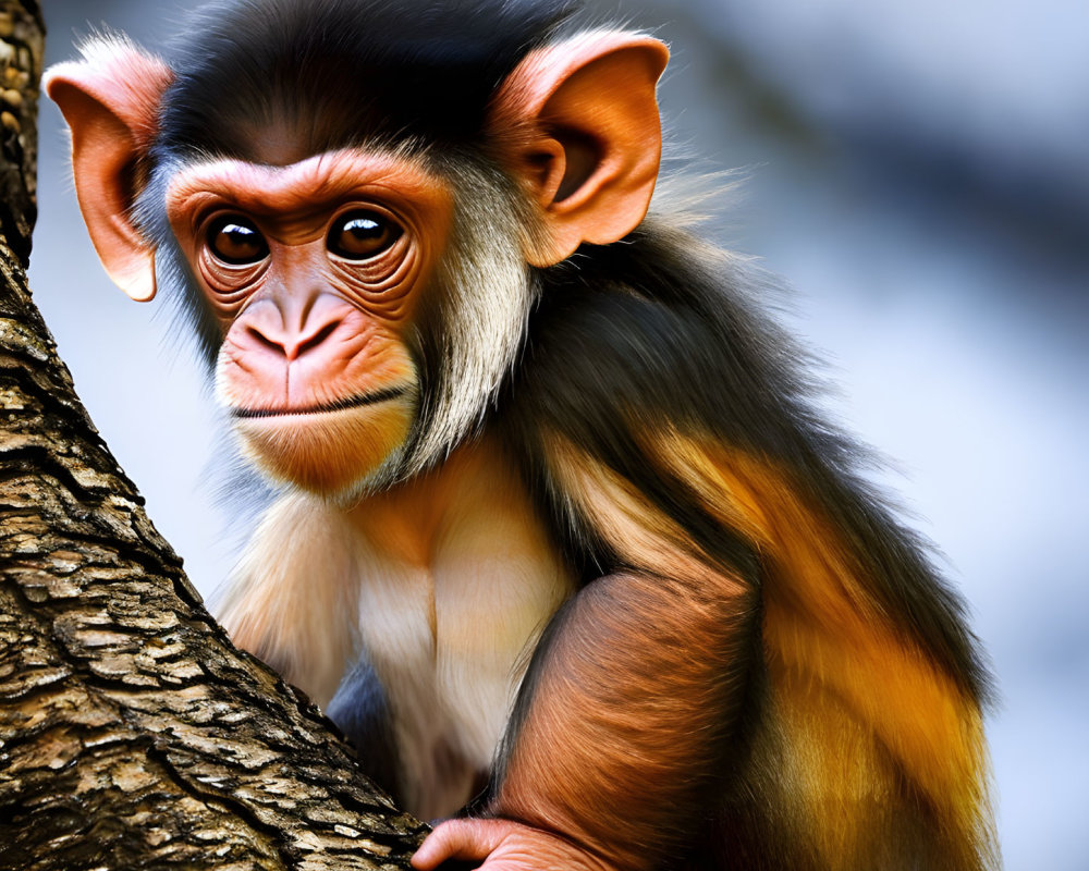 Curious young monkey with expressive eyes and brown fur clinging to a tree