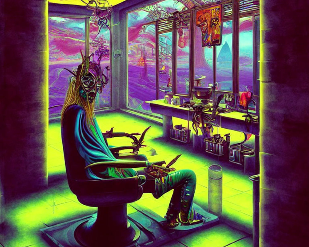 Colorful psychedelic art of character with long hair and mask in eclectic room