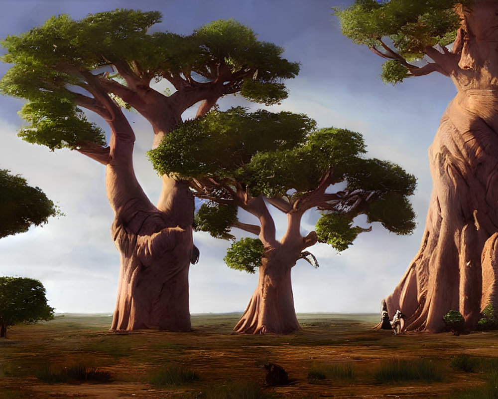 Serene landscape with large baobab trees and lush canopies