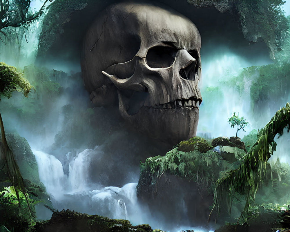 Giant Skull Cave Entrance Overlooking Waterfall in Misty Jungle