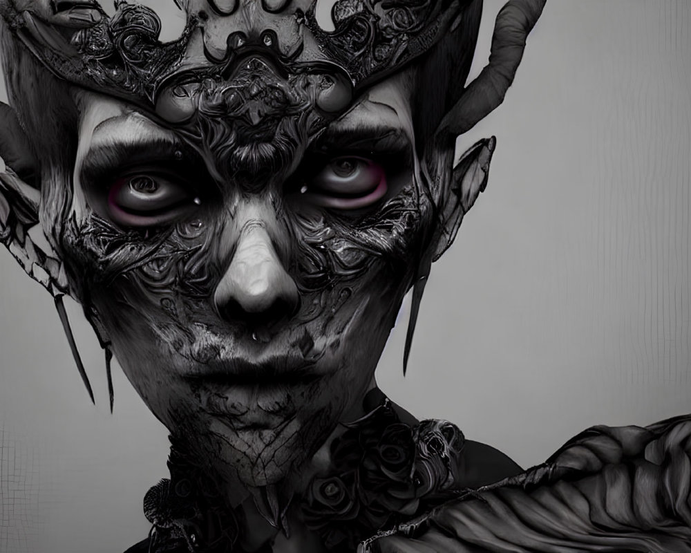 Grayscale image of a character with demonic features and ornate headgear.