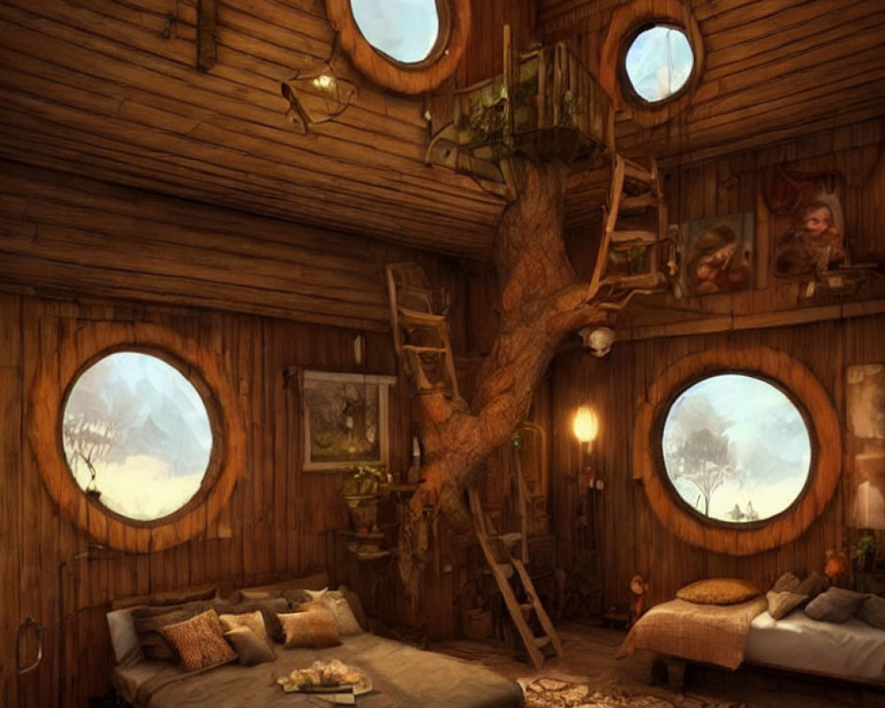 Whimsical interior with rounded windows, tree, ladder, wooden walls