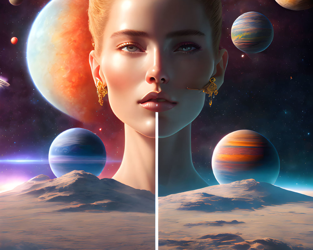 Split graphic of woman's face with cosmic backdrop and mountainous landscape with planets in sky.