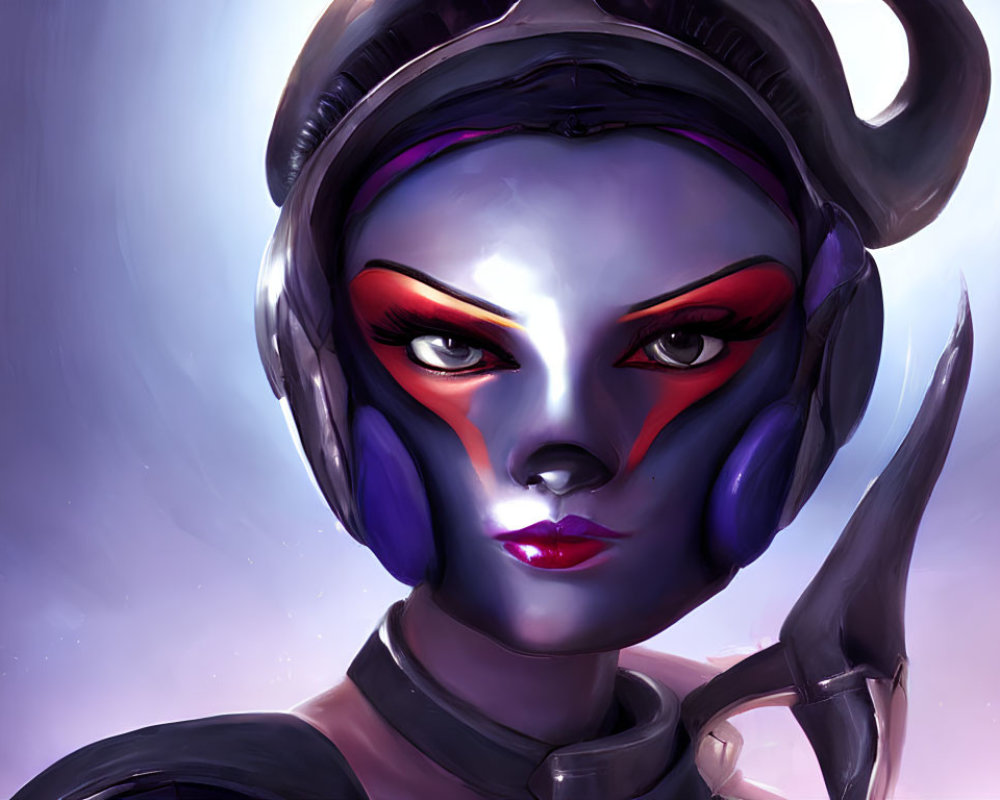 Female alien illustration: purple skin, cheek markings, futuristic helmet, soft purple backdrop