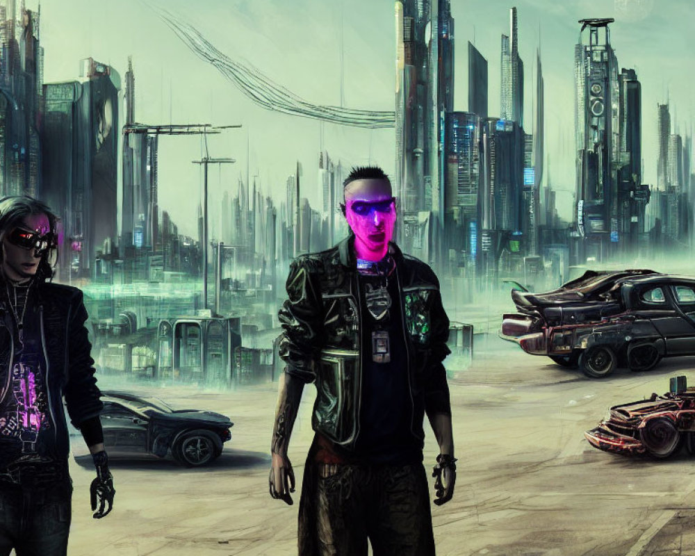 Stylized individuals in futuristic attire against cyberpunk cityscape