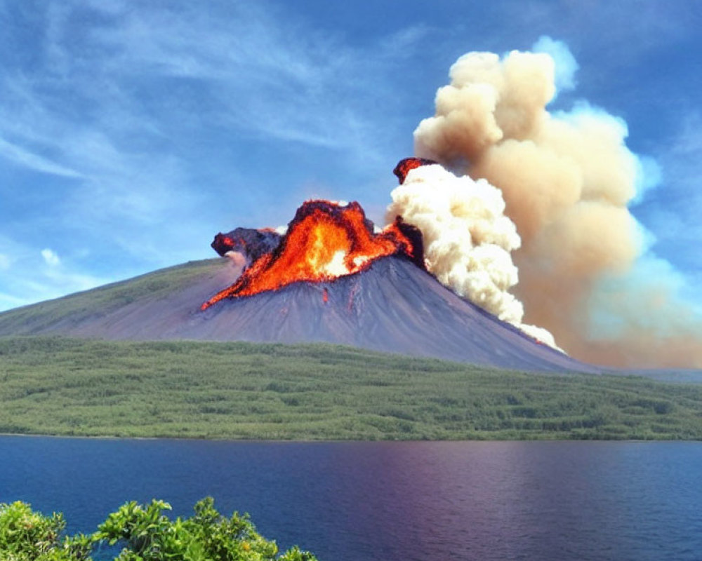 Volcano erupting with bright lava flows near tranquil lake