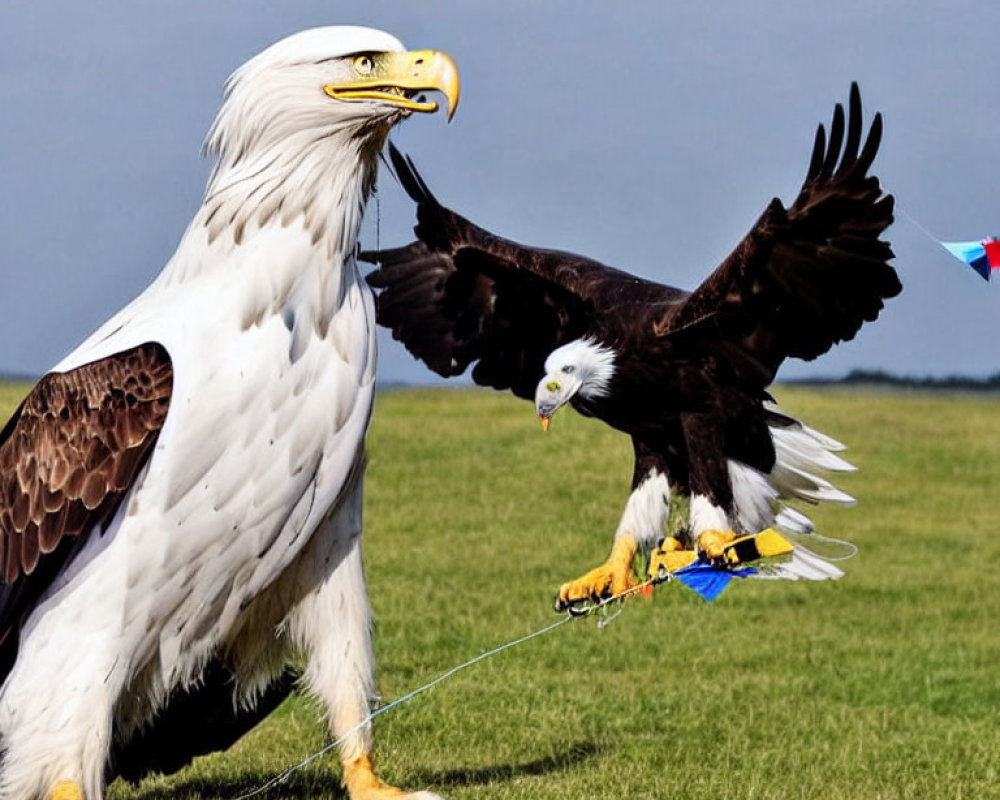 Bald eagles with kite in beak and flying with attached kite.