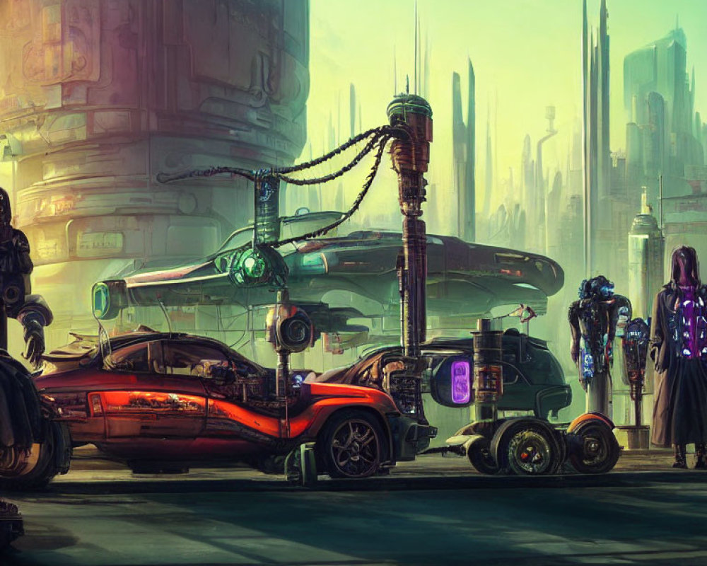 Advanced vehicles, cyborgs, skyscrapers in futuristic cityscape