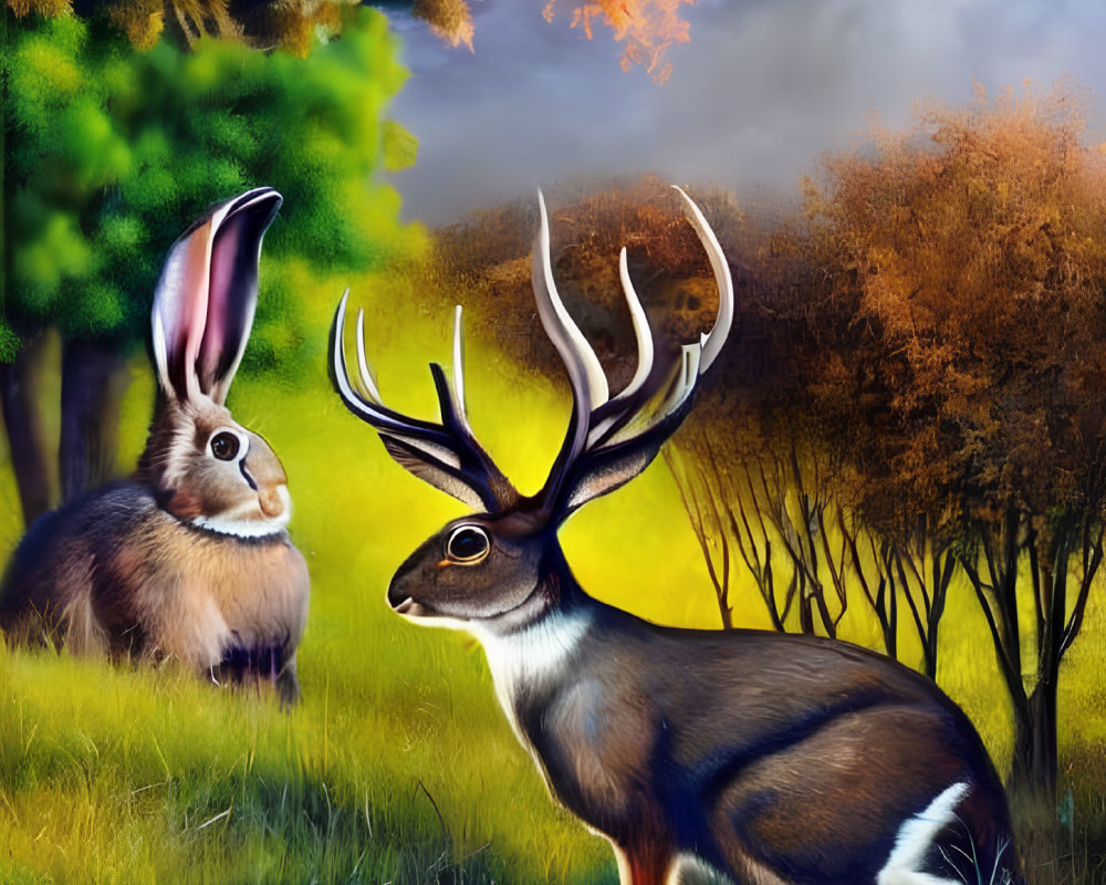 Colorful forest scene with rabbit and jackalope in whimsical illustration