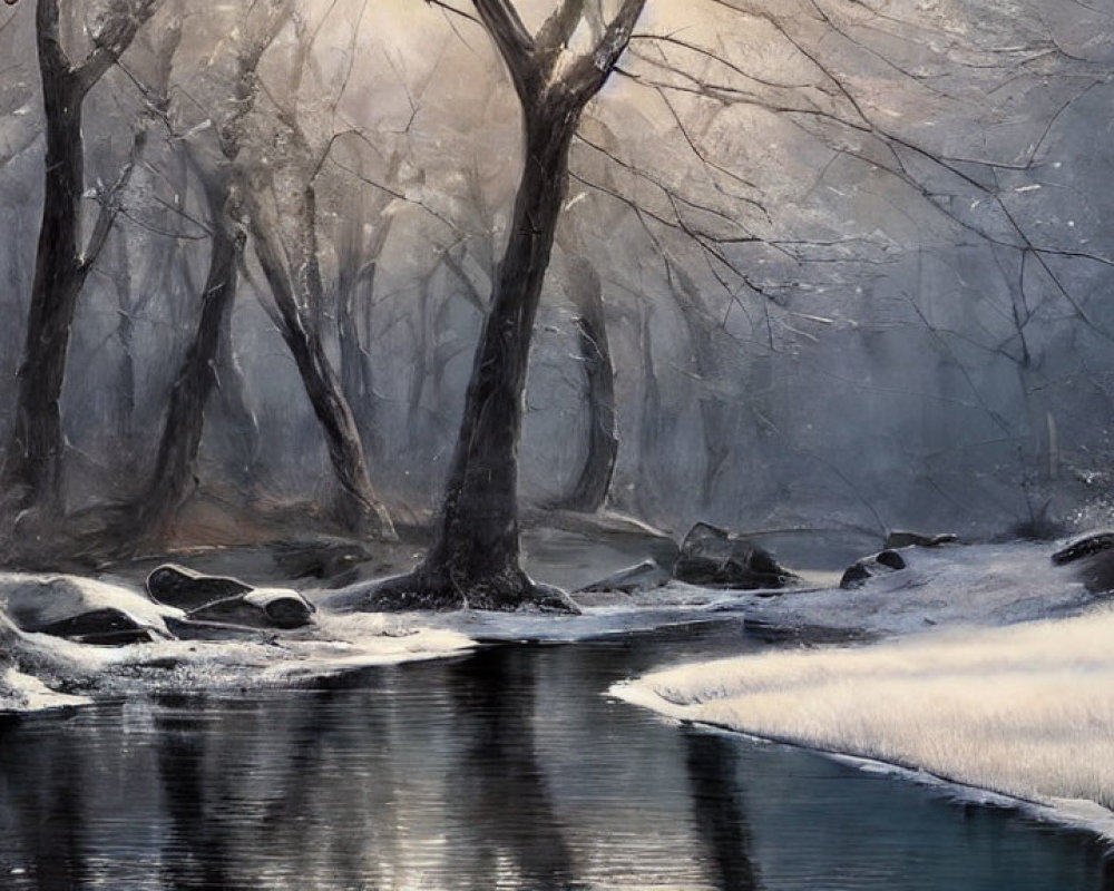 Snow-covered forest with stream in serene winter scene