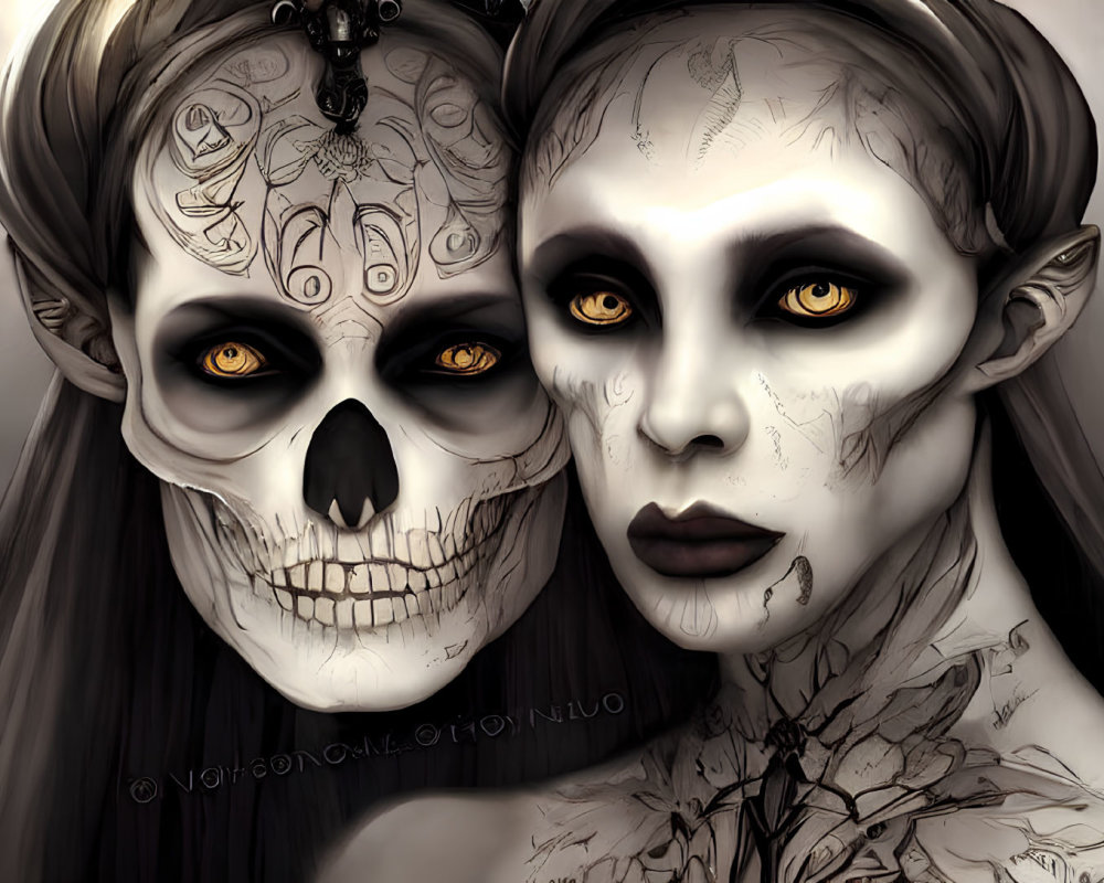 Contrasting skull and pale face with intricate markings on grey background