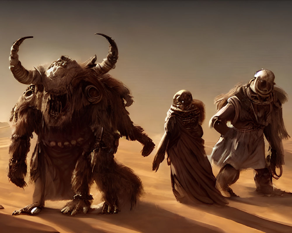 Group of Travelers with Large Horned Creature Crossing Desert Landscape