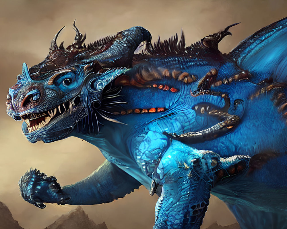 Detailed digital art: Majestic blue dragon with glowing orange eyes in stormy mountain landscape