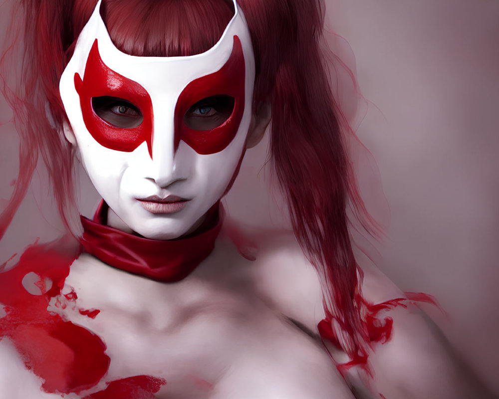 Person wearing red and white mask and makeup on muted background