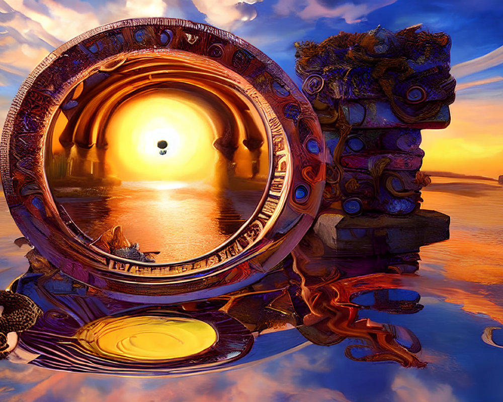 Ornate circular gateway floating on water at sunset with ancient sculptures