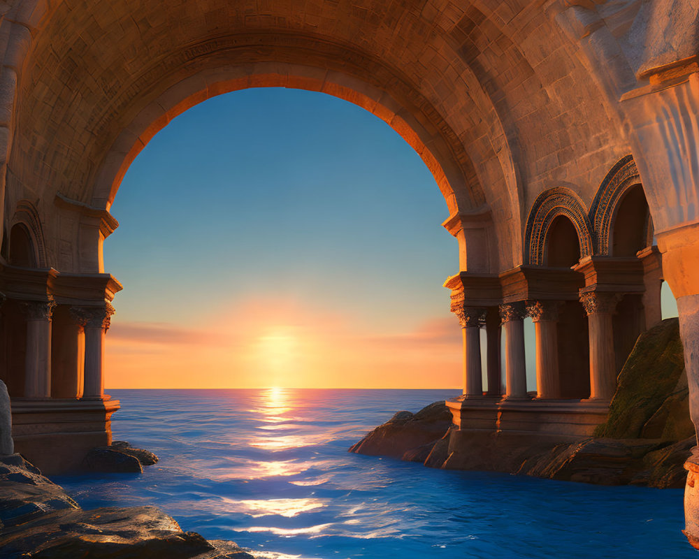 Scenic sunset through stone archway over ocean with vibrant colors.