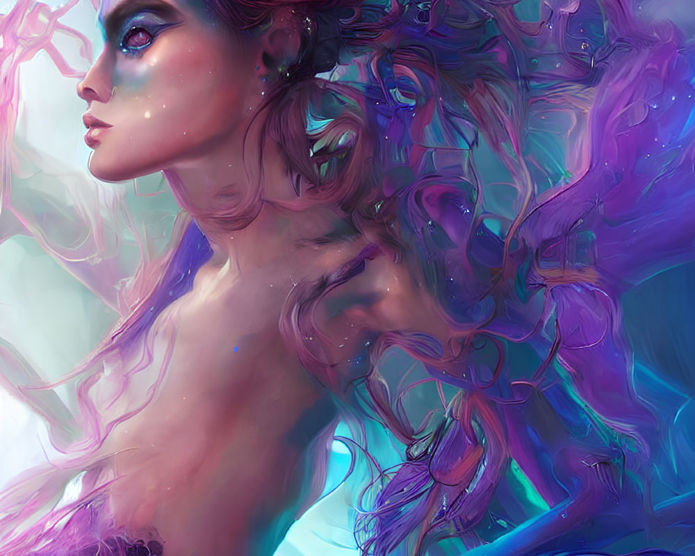 Colorful digital artwork: Woman with flowing hair and striking makeup in purple, blue, and pink.