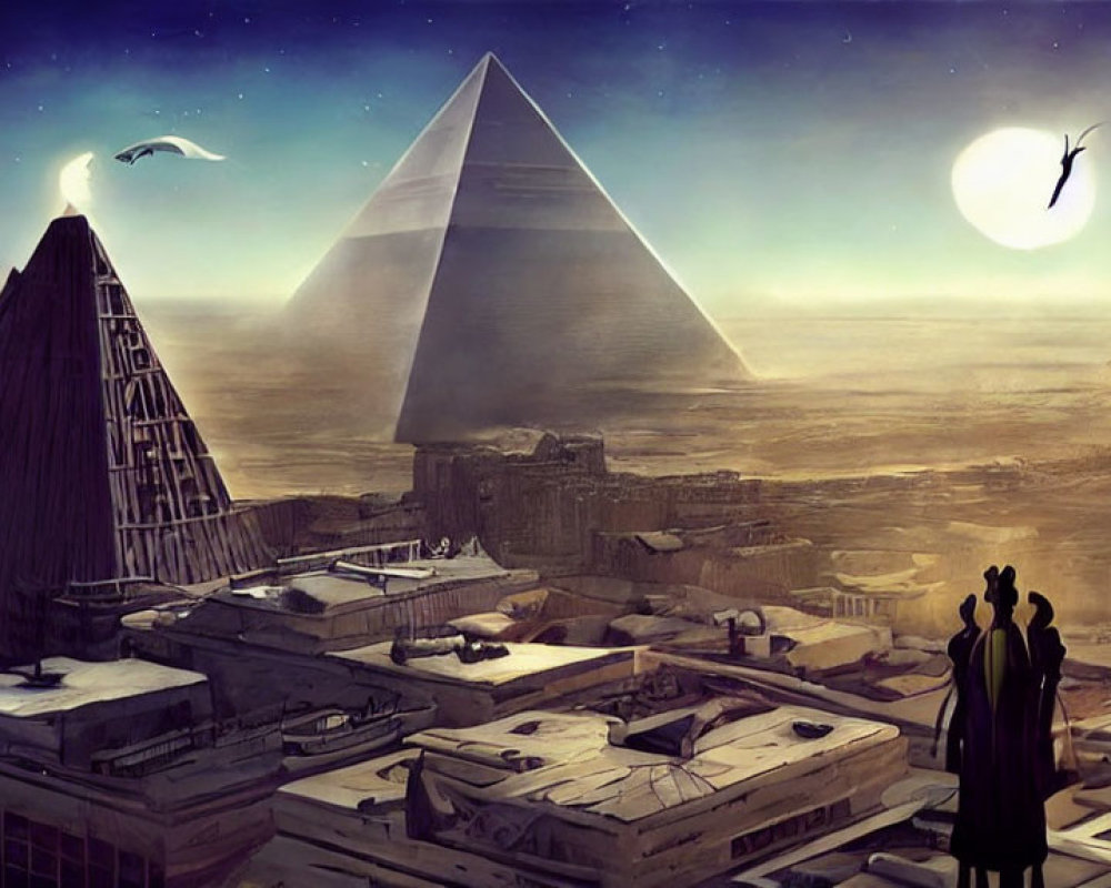 Futuristic Egyptian cityscape with pyramids, figures, craft, and moon