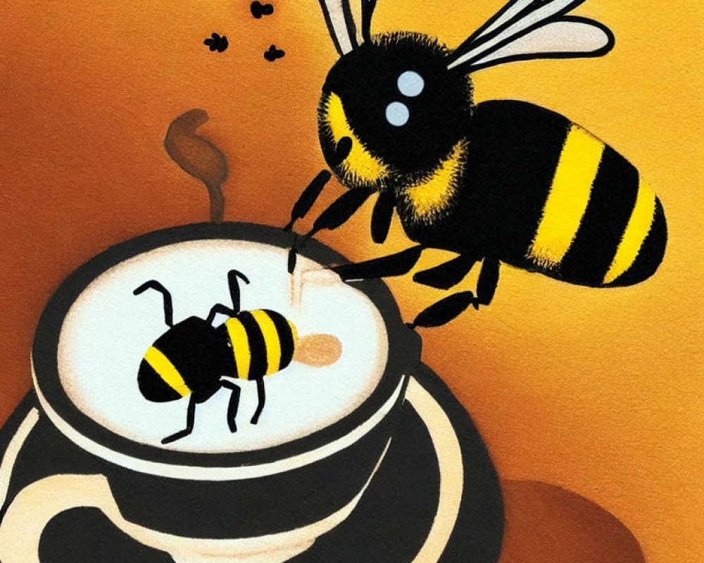 Stylized image of large bee and small bee on cappuccino with flower foam