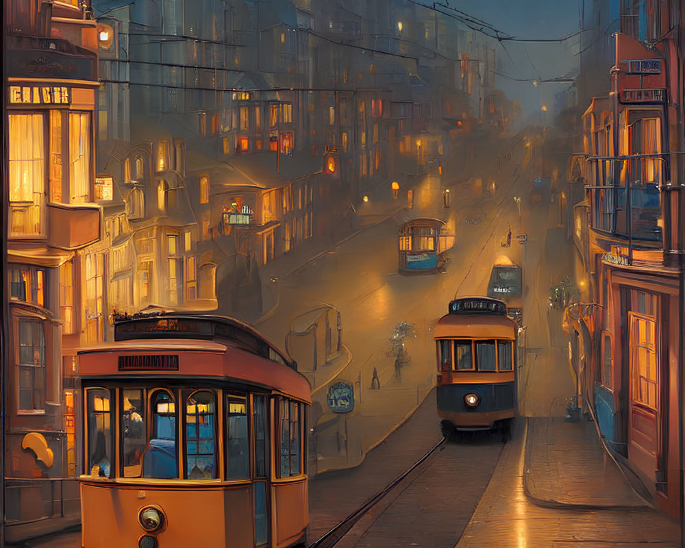 Vintage trams and cobblestone street in misty evening ambiance