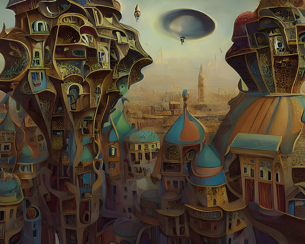 Exaggerated Curving Cityscape with Airships and Balloons