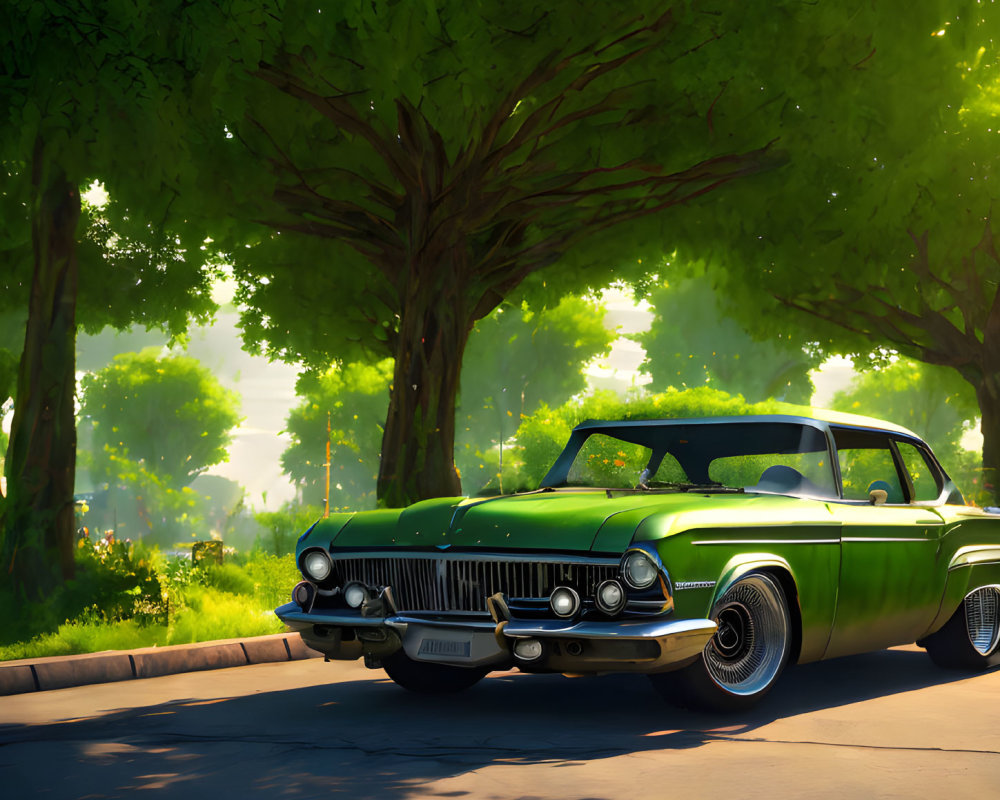 Vintage green car parked under lush trees on tranquil road