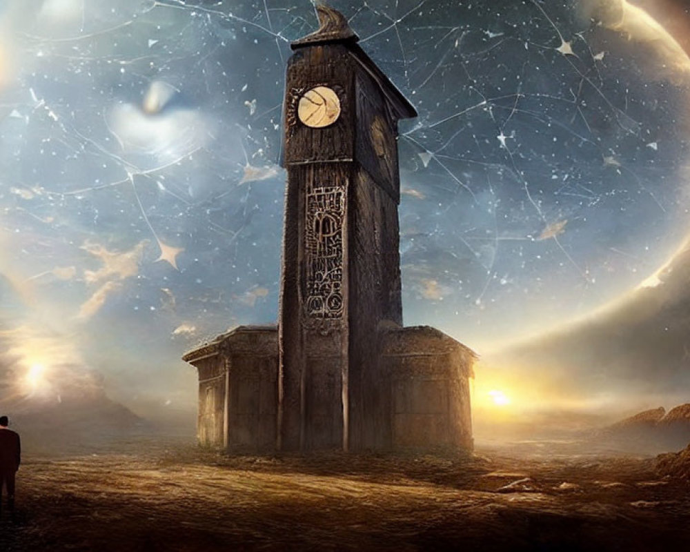 Person standing before ancient clock tower in surreal cosmic landscape