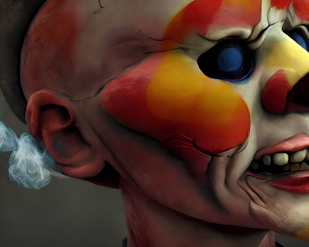 Hyper-realistic digital art of a clown with vibrant face paint, intense blue eyes, and smoking mouth