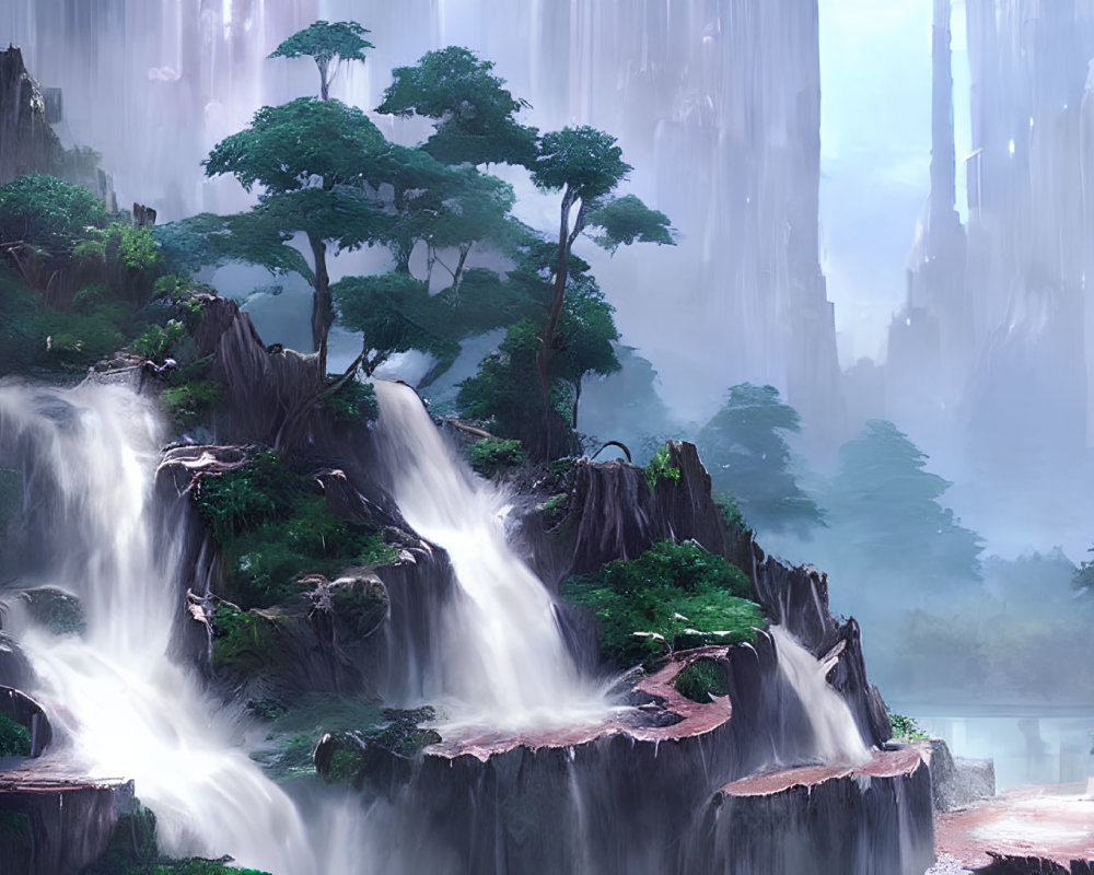 Enchanting forest scene with waterfalls, cliffs, and greenery